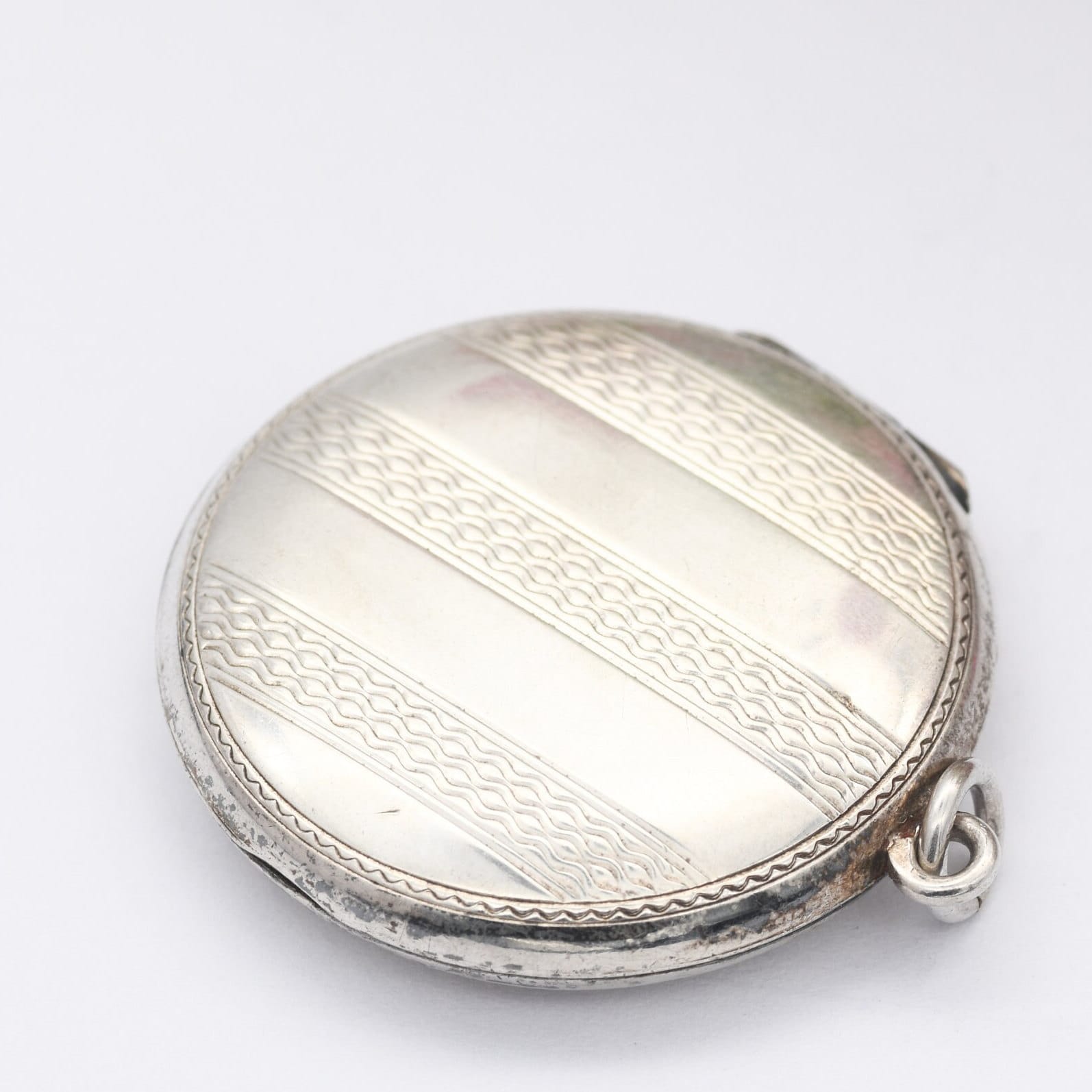 Vintage Sterling Silver Locket Pendant with Engine Turned Stripes - Circle Shape