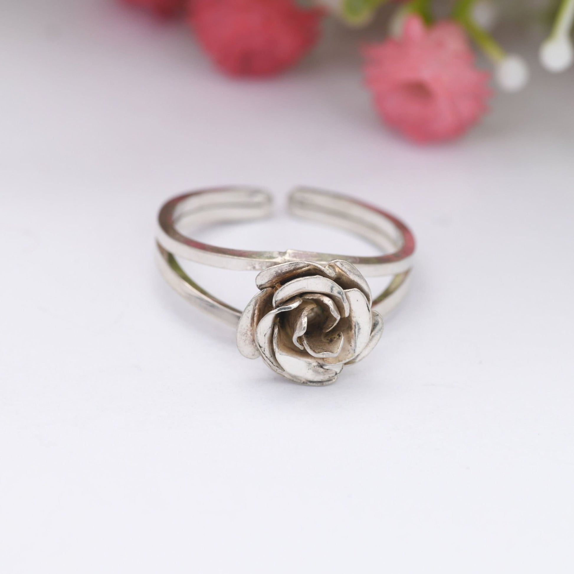 Vintage Sterling Silver Rose Ring - Modernist Flower Floral Shape | Adjustable Band Silver Ring | UK Size - P | US Size - 7 3/4