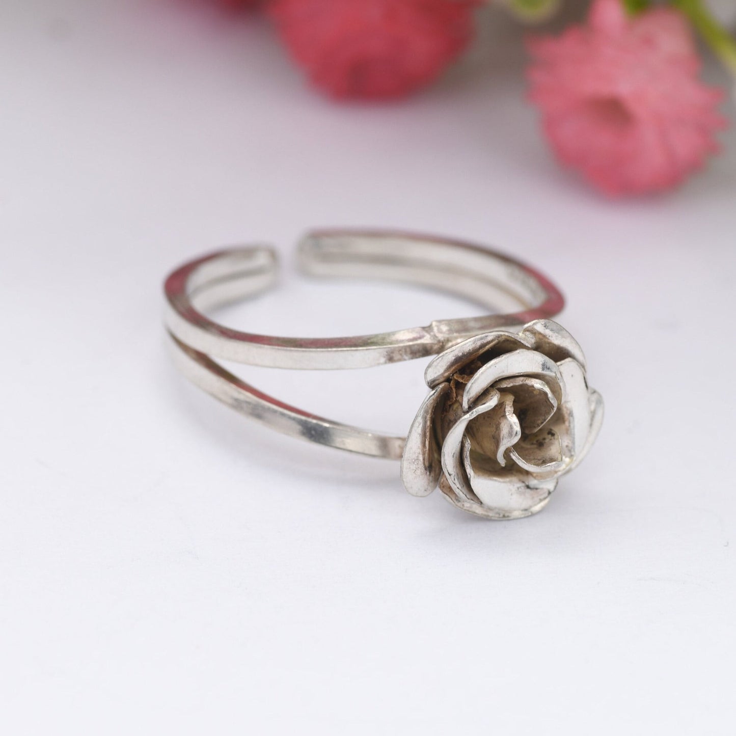 Vintage Sterling Silver Rose Ring - Modernist Flower Floral Shape | Adjustable Band Silver Ring | UK Size - P | US Size - 7 3/4