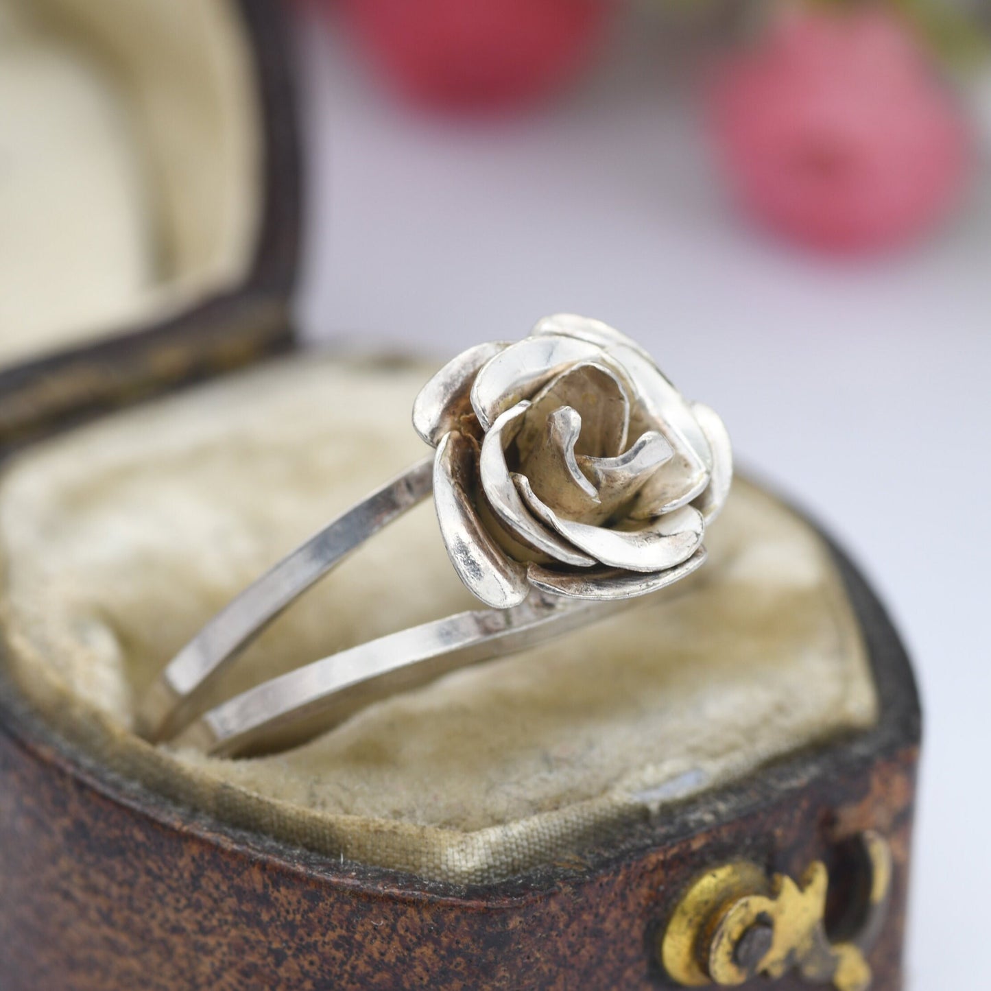 Vintage Sterling Silver Rose Ring - Modernist Flower Floral Shape | Adjustable Band Silver Ring | UK Size - P | US Size - 7 3/4