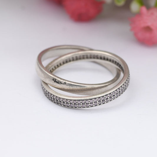 Sterling Silver Pandora I Love You Eternity Ring with Channel Set Stones - Crossed Double Band | UK Size - O | US Size - 7 1/4