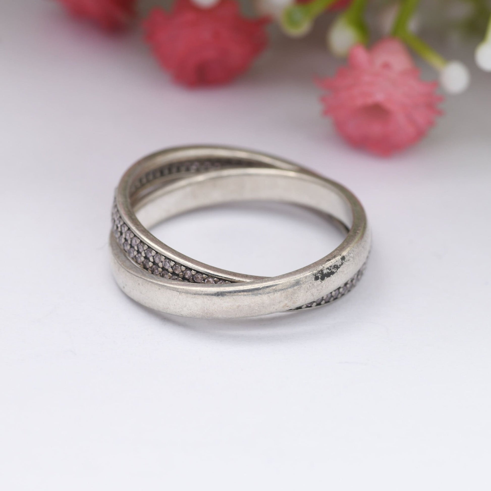 Sterling Silver Pandora I Love You Eternity Ring with Channel Set Stones - Crossed Double Band | UK Size - O | US Size - 7 1/4