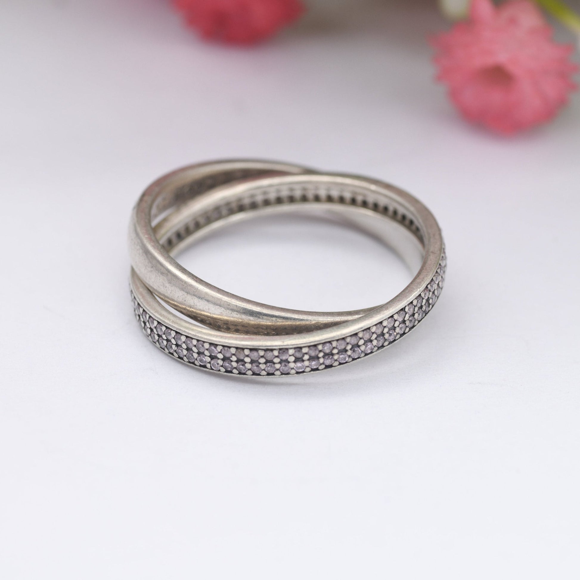 Sterling Silver Pandora I Love You Eternity Ring with Channel Set Stones - Crossed Double Band | UK Size - O | US Size - 7 1/4