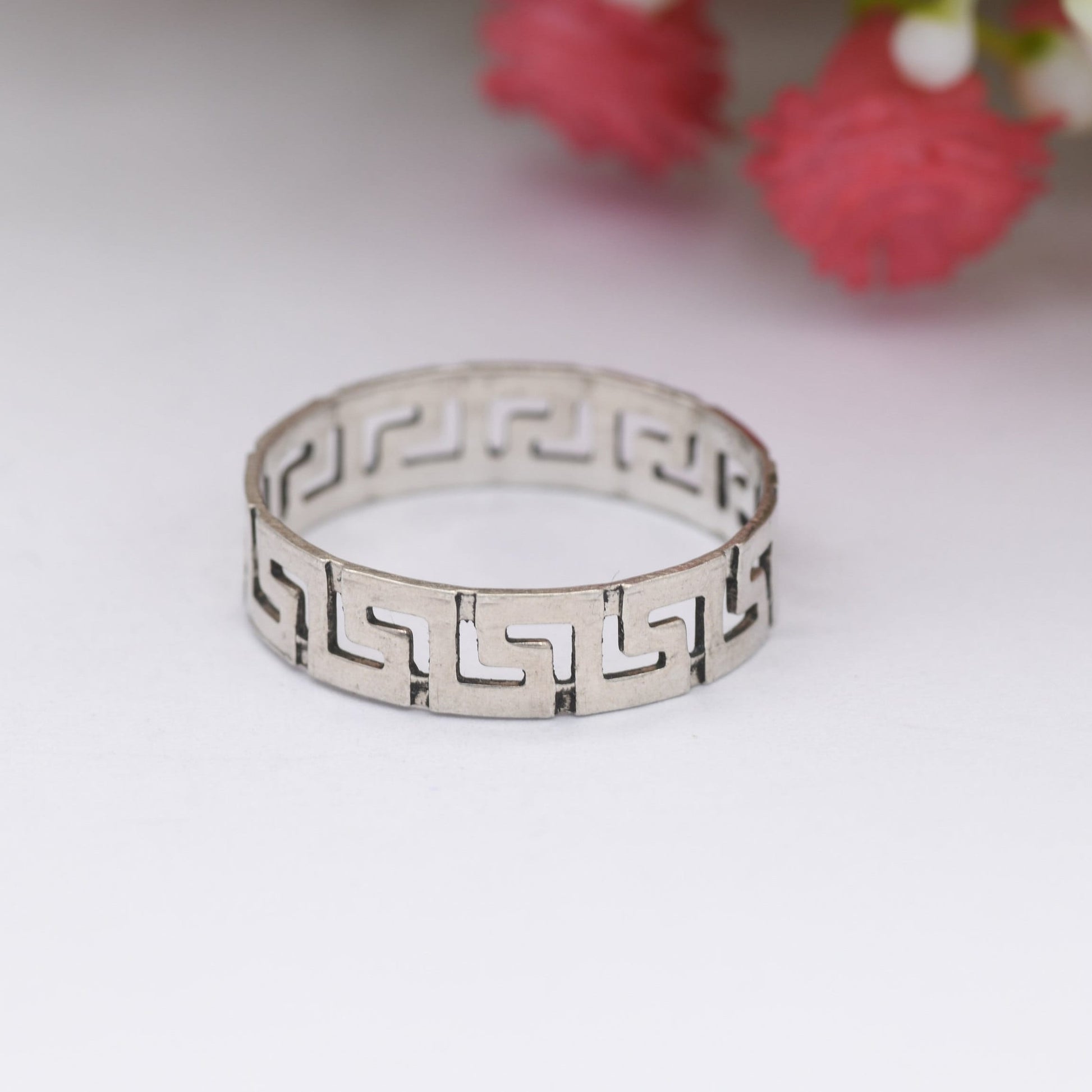 Vintage Sterling Silver Greek Key Band Ring - Openwork Meander Band | Minimal Unisex Silver | UK Size - O | US Size - 7