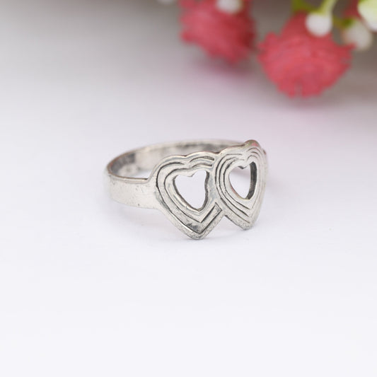 Vintage Sterling Silver Heart Ring - Two Linked Love Hearts | Friendship Love Gift | UK Size - L | US Size - 5 3/4
