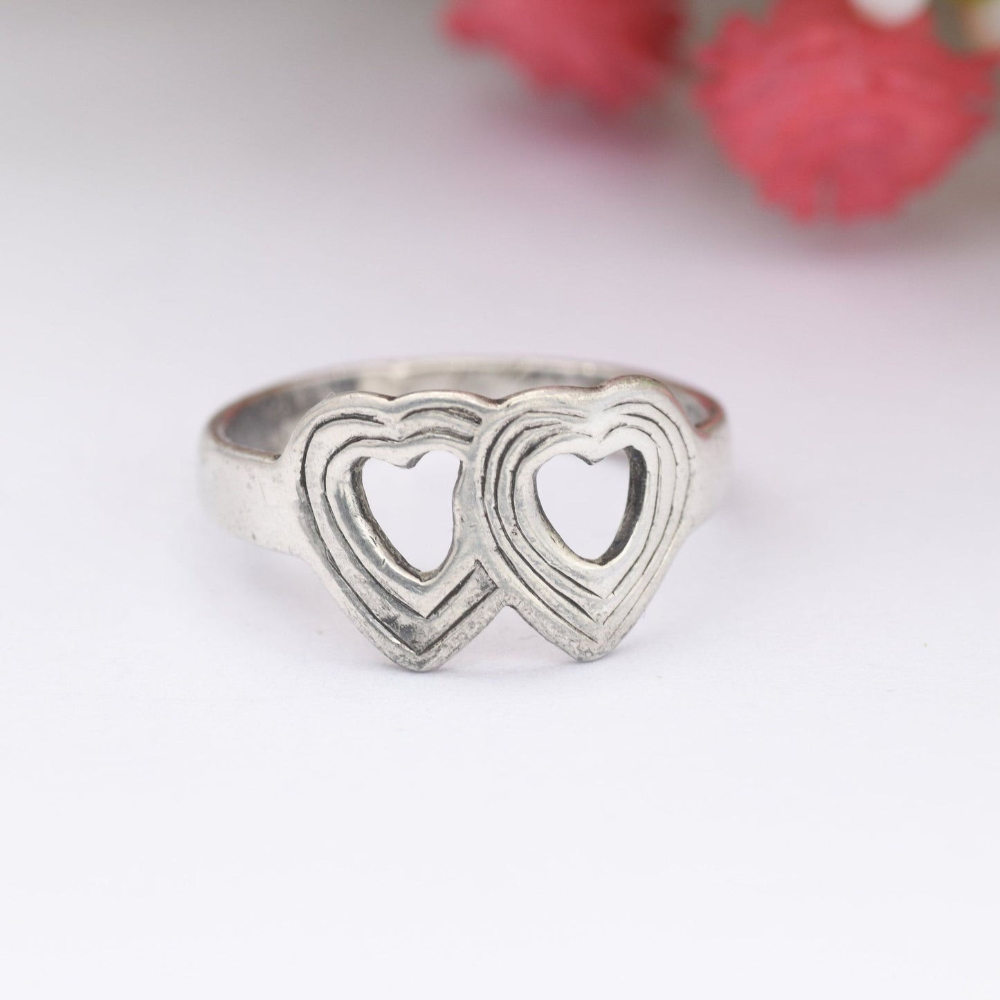Vintage Sterling Silver Heart Ring - Two Linked Love Hearts | Friendship Love Gift | UK Size - L | US Size - 5 3/4