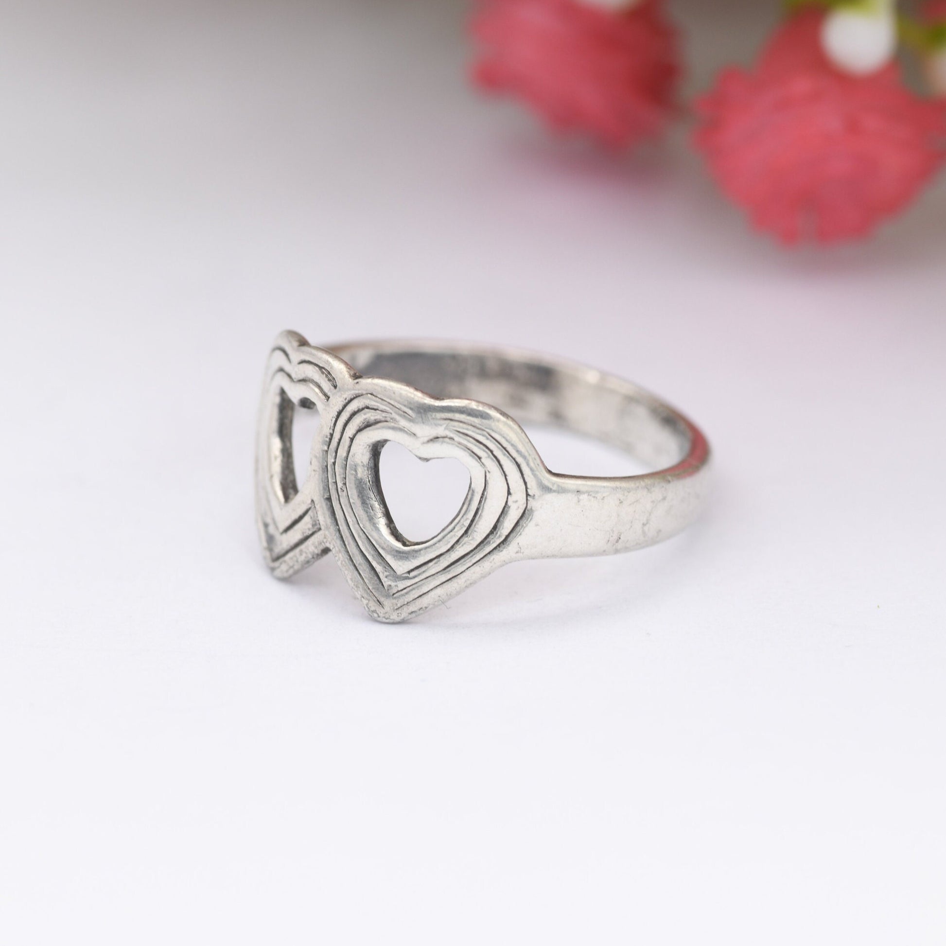 Vintage Sterling Silver Heart Ring - Two Linked Love Hearts | Friendship Love Gift | UK Size - L | US Size - 5 3/4