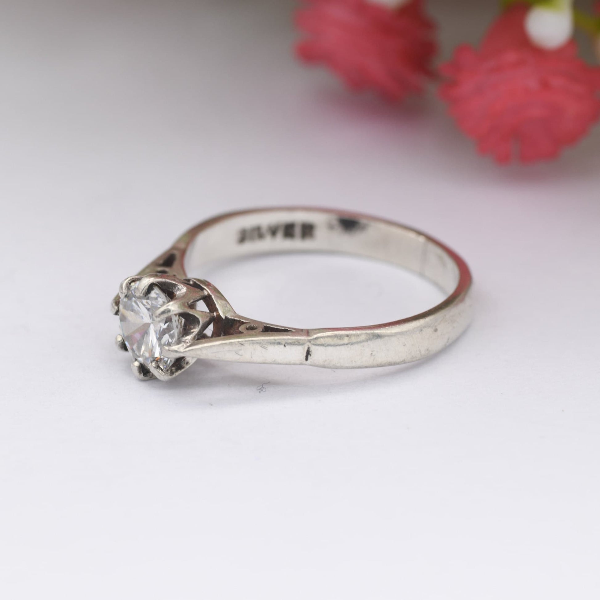 Vintage Sterling Silver Cubic Zirconia Solitaire Ring - Large White Stone CZ | UK Size - M | US Size - 6 1/4