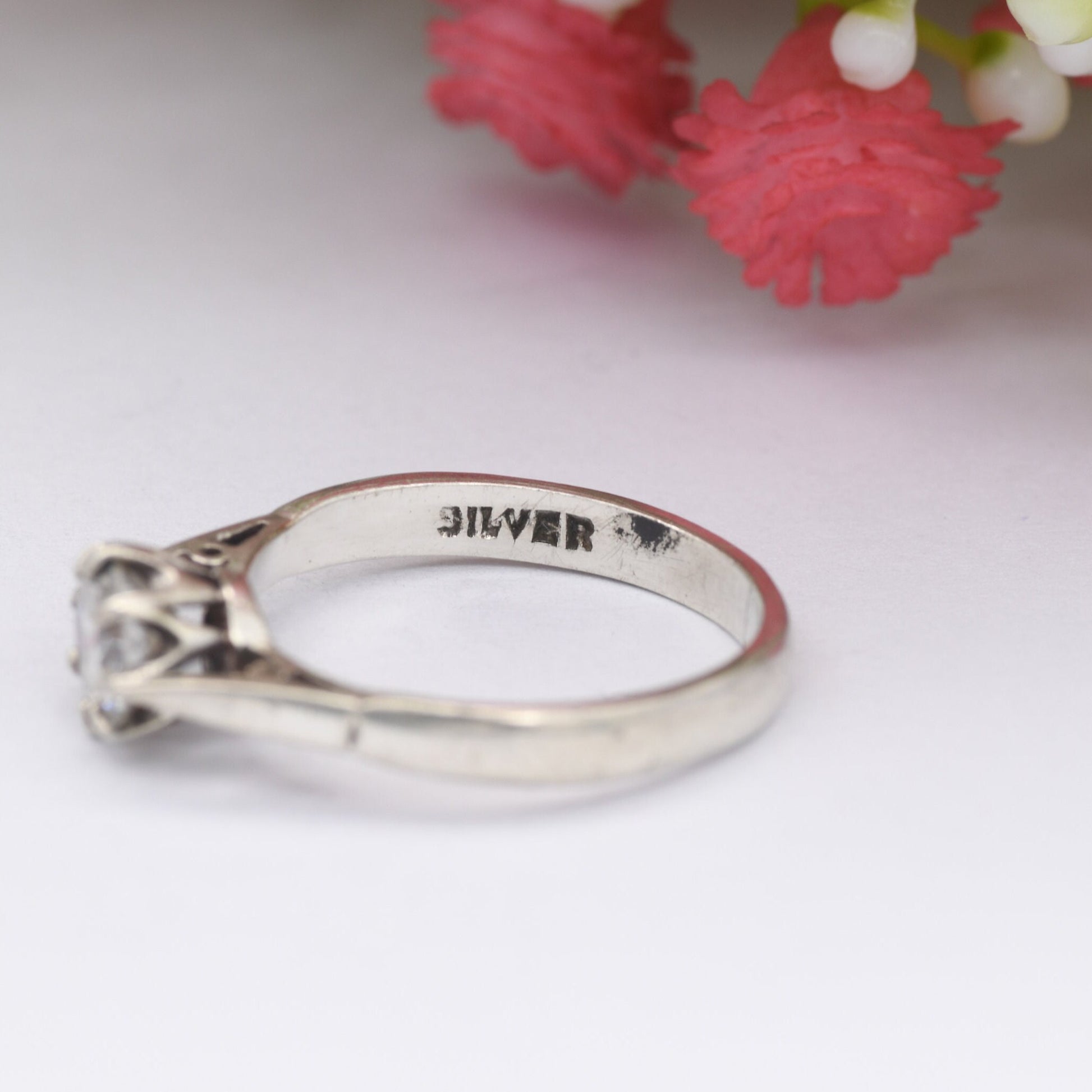 Vintage Sterling Silver Cubic Zirconia Solitaire Ring - Large White Stone CZ | UK Size - M | US Size - 6 1/4