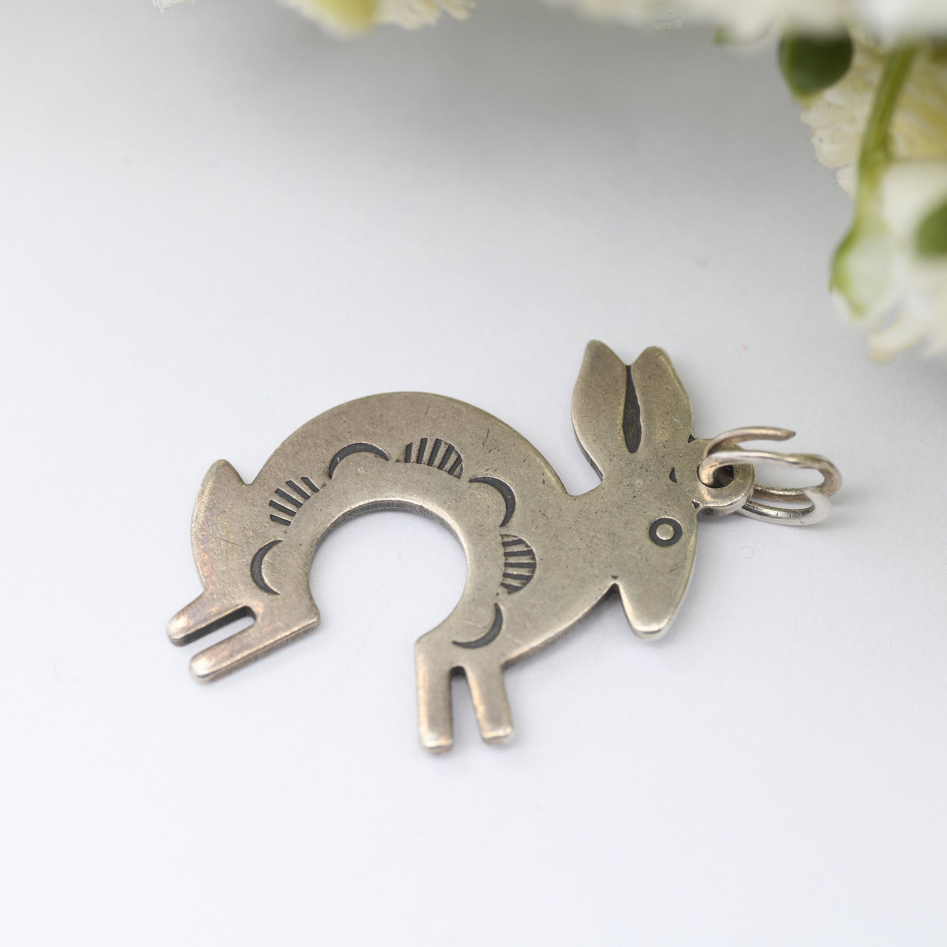 Vintage Silver Navajo Rabbit Charm Pendant - Leaping Rabbit Symbol of Fertility Abundance