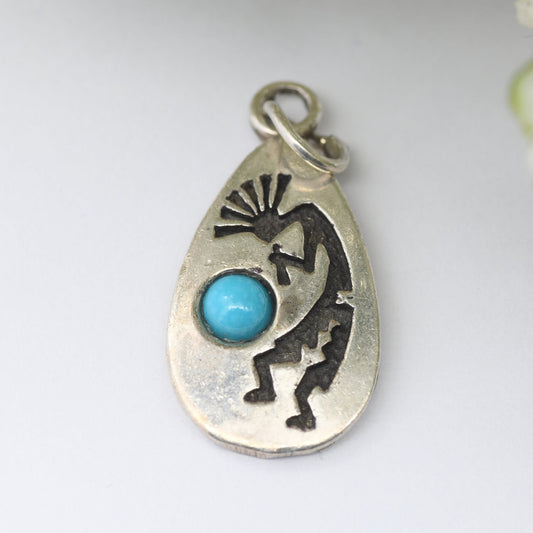 Vintage Navajo Sterling Silver Turquoise Kokopelli Charm Pendant - Signed Running Bear RB | Fertility Symbol Flute Player