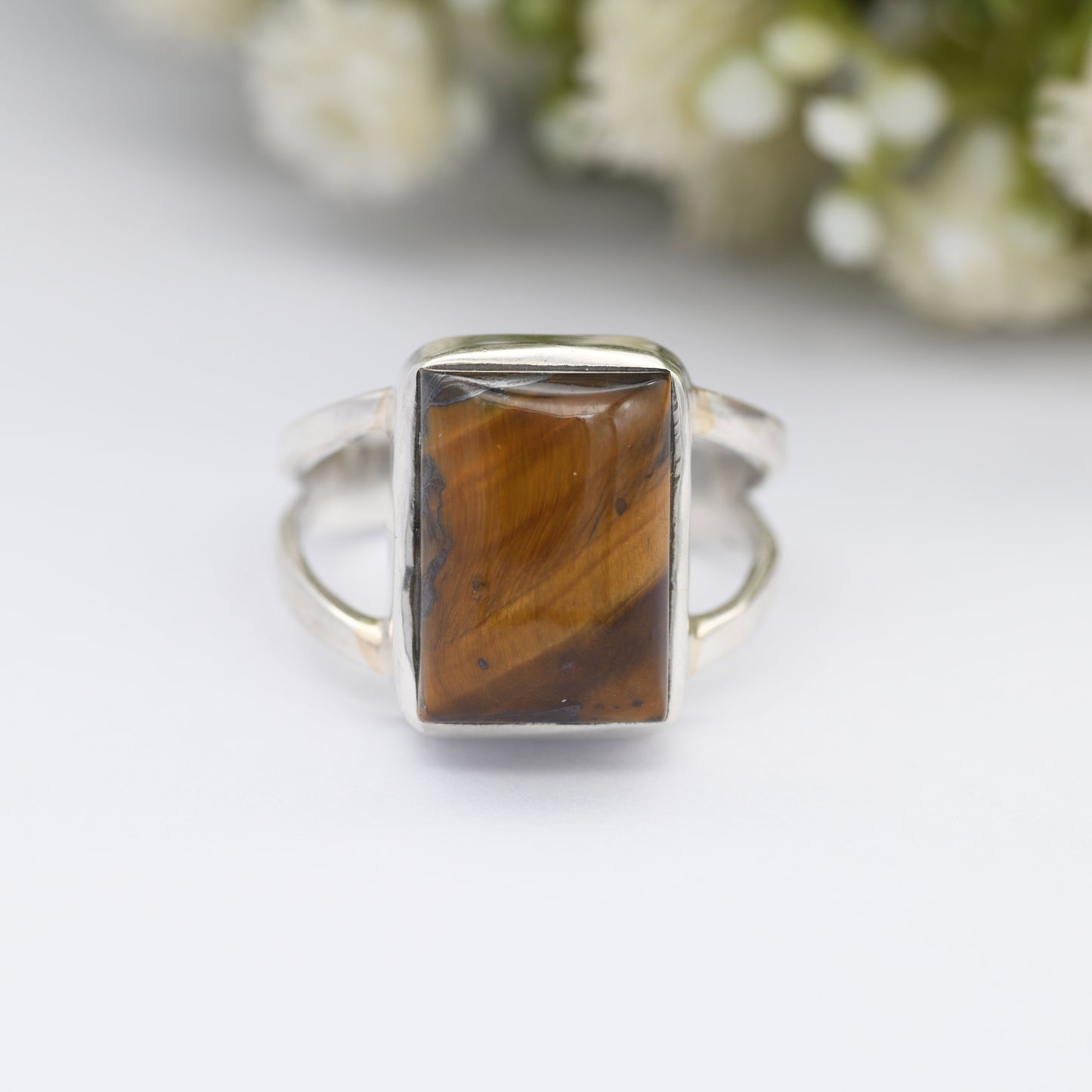 Vintage Sterling Silver Tiger's Eye Ring - Mid-Century Modern | Rectangle Cabochon | UK Size - R 1/2 | US Size - 8 3/4