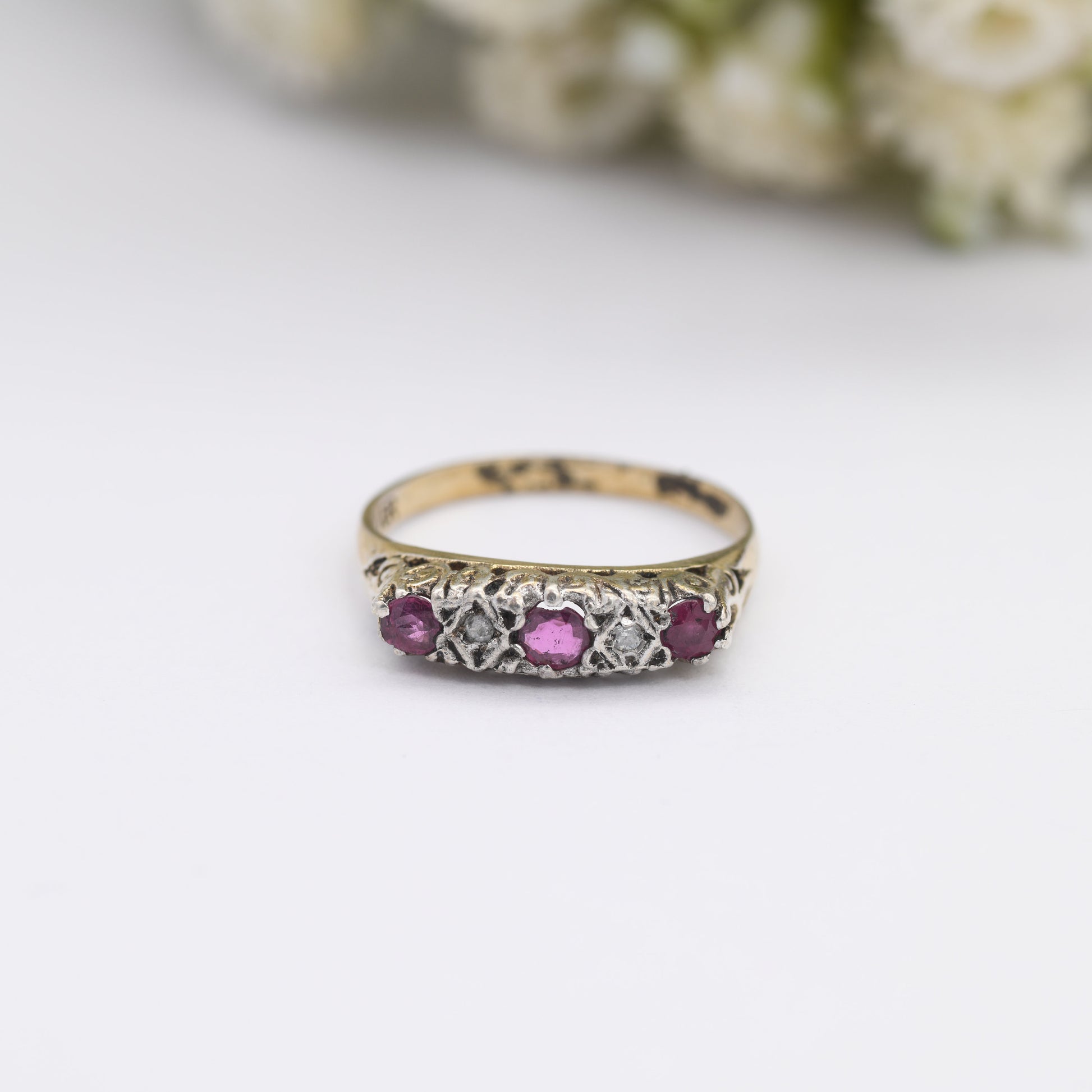 Vintage Silver Ruby and Diamond Ring - Gold Plated | Alternative Engagement | UK Size - K | US Size - 5 1/2