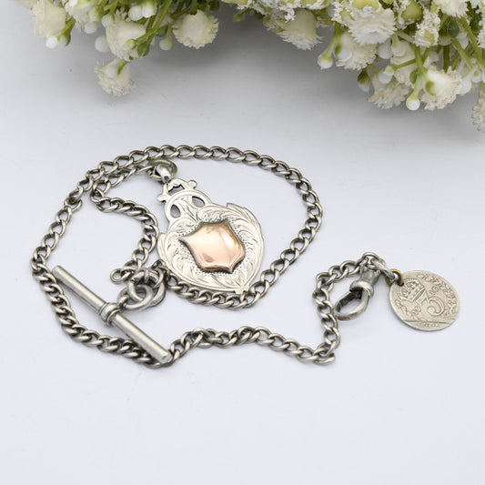 Antique Sterling Silver Albert Chain with Watch Fob Coin T-Bar & Dog Clip 1920s - Shield Fob Gold Plated | Curb Link | Pocket Watch Chain