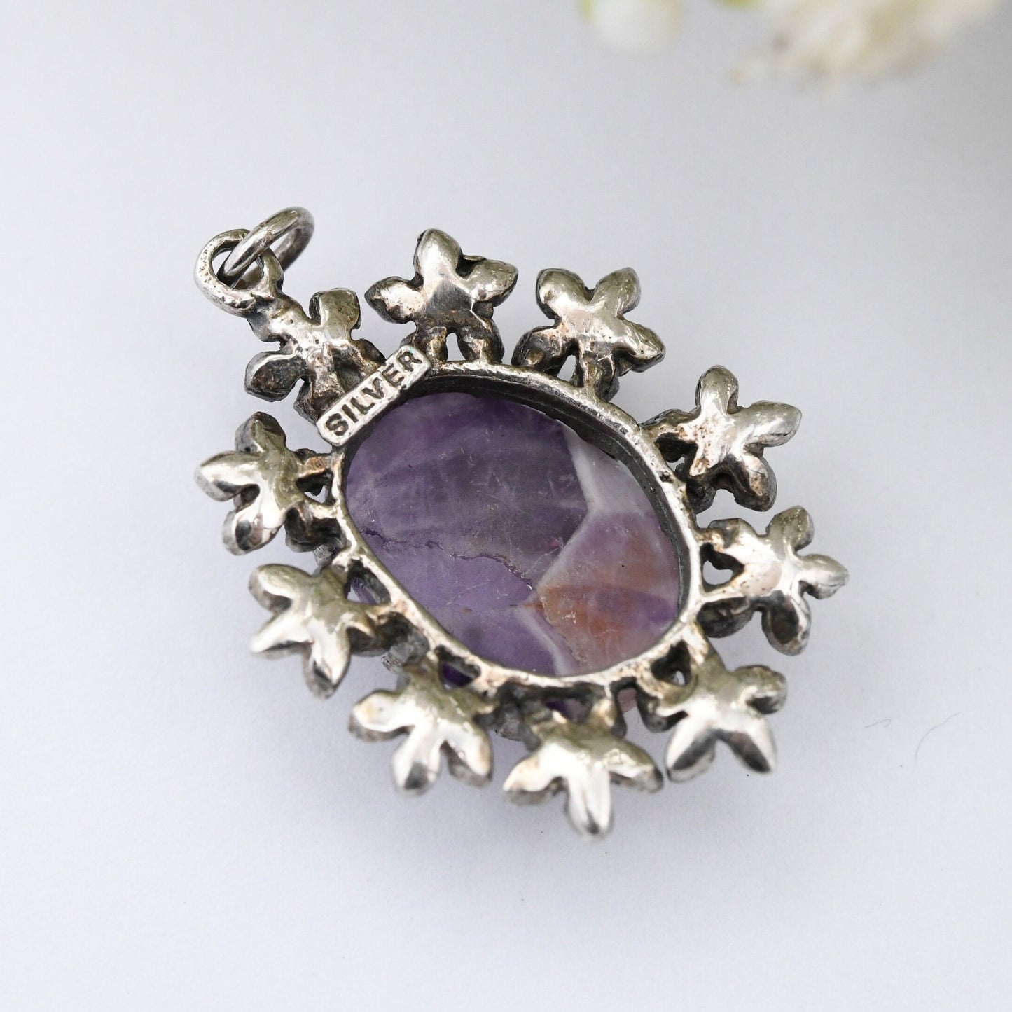 Vintage Sterling Silver Amethyst Pendant with Flower Surround