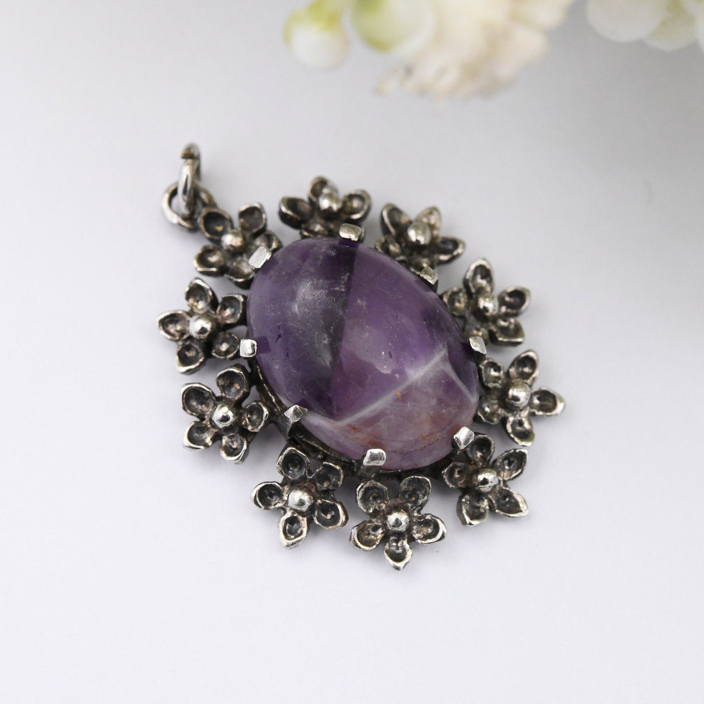 Vintage Sterling Silver Amethyst Pendant with Flower Surround