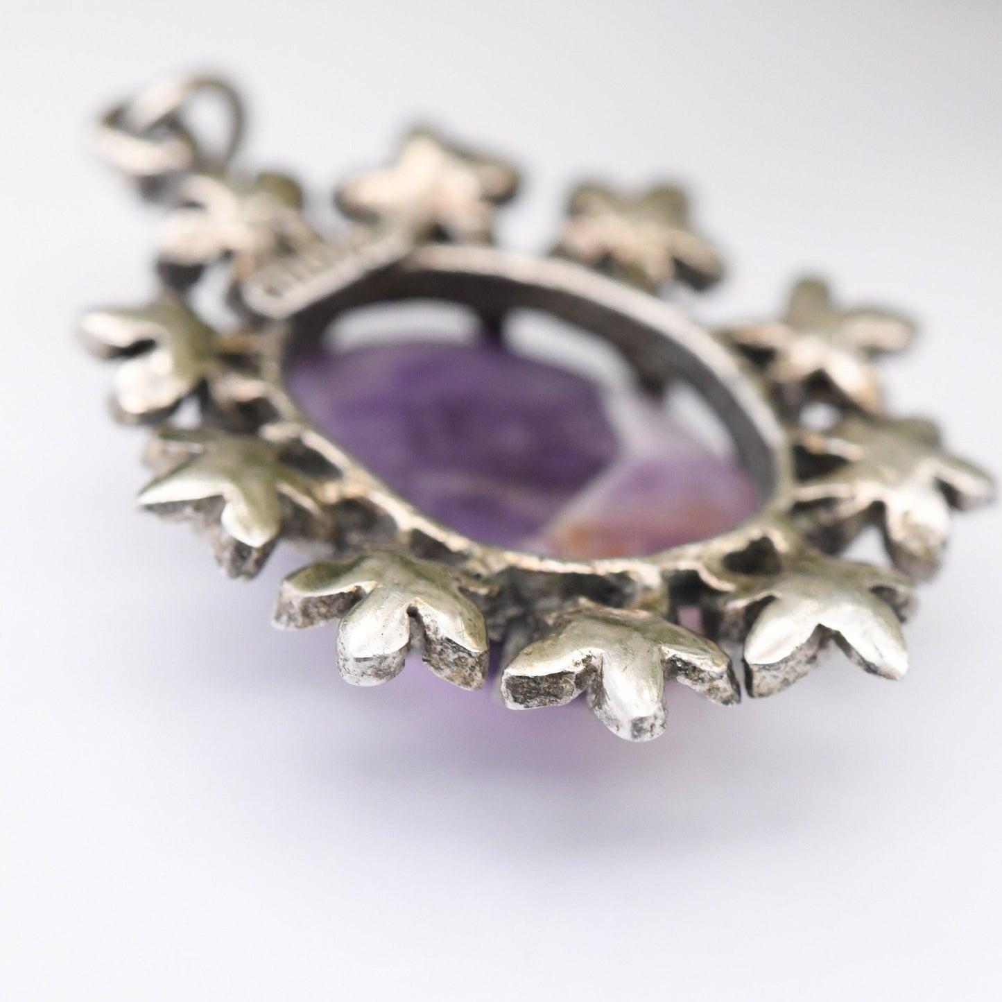 Vintage Sterling Silver Amethyst Pendant with Flower Surround