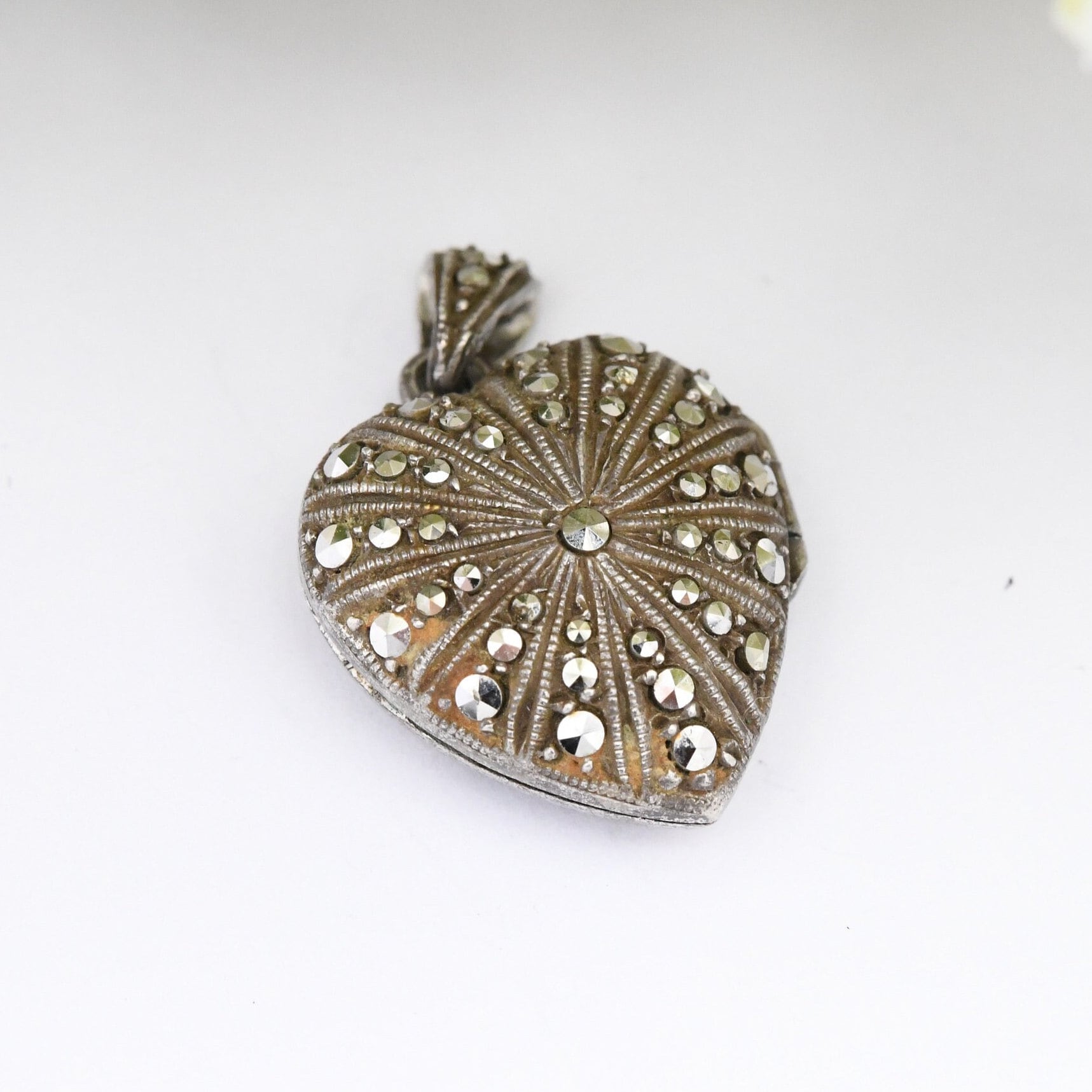 Vintage Sterling Silver Heart Locket Pendant with Marcasite Stones