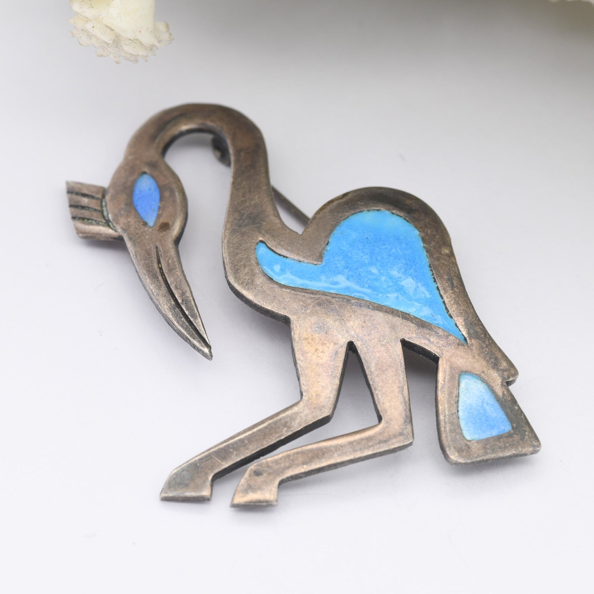 Vintage Peru Sterling Silver Crane Brooch Vicky - Blue Enamel | Signed | Statement Jewellery