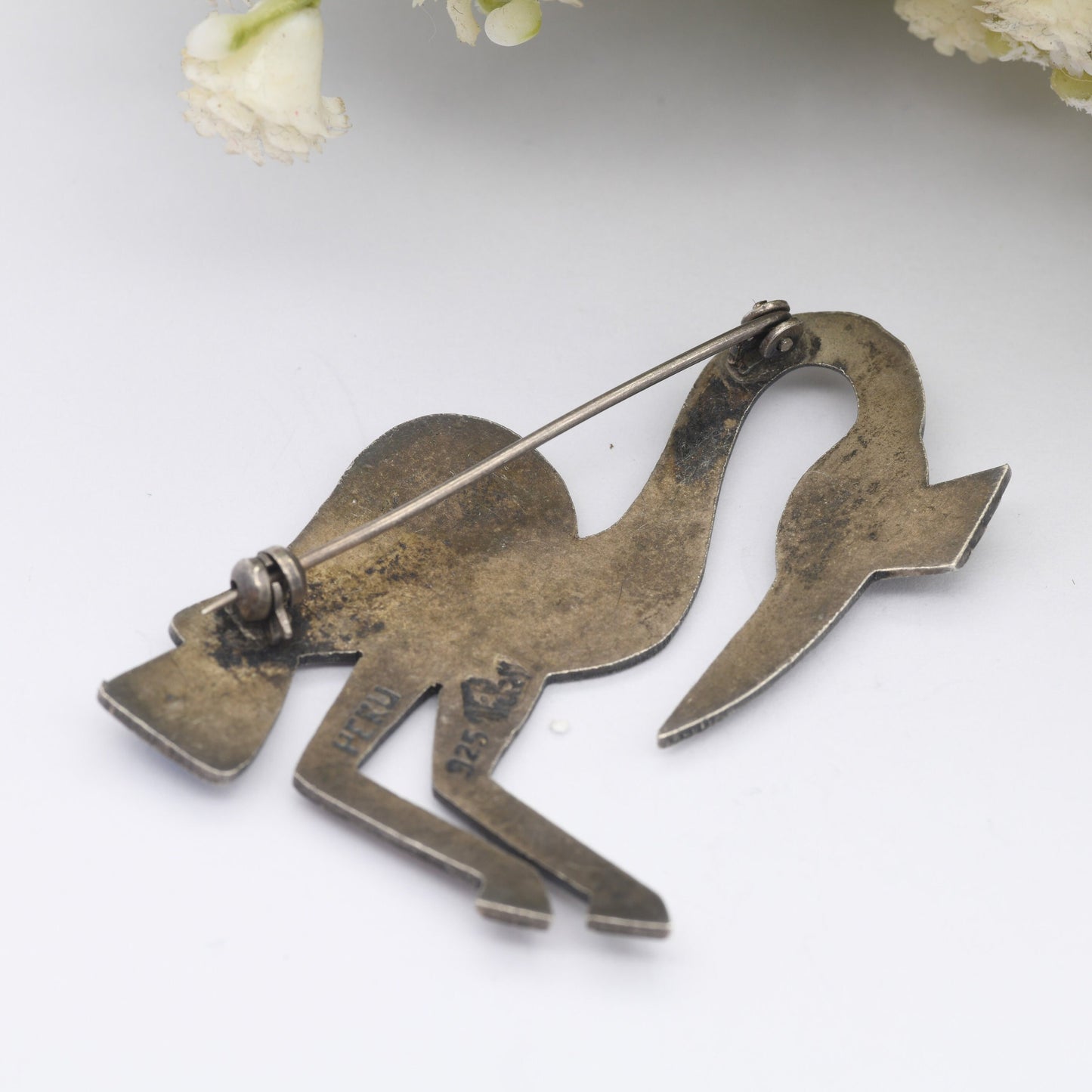 Vintage Peru Sterling Silver Crane Brooch Vicky - Blue Enamel | Signed | Statement Jewellery