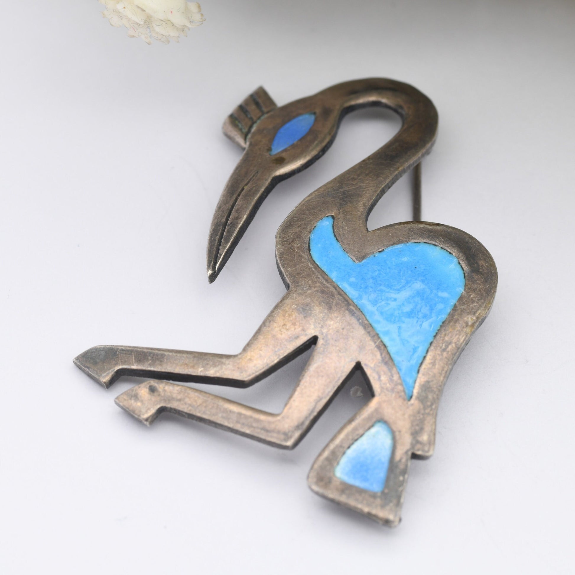 Vintage Peru Sterling Silver Crane Brooch Vicky - Blue Enamel | Signed | Statement Jewellery