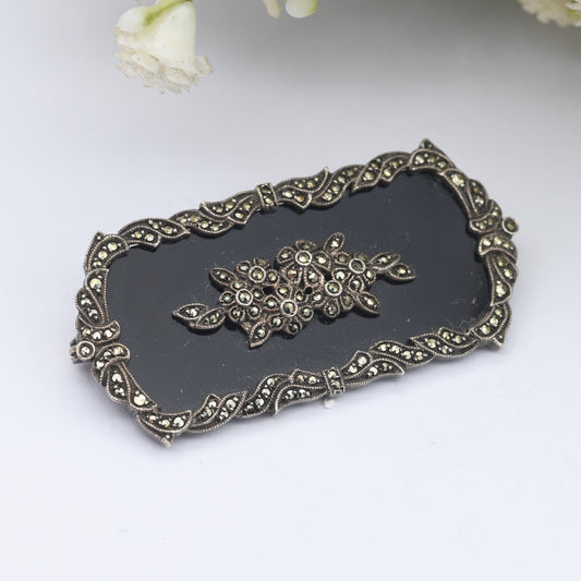 Vintage Silver Marcasite Statement Brooch - Flower Jewellery | Antique Art Deco Style