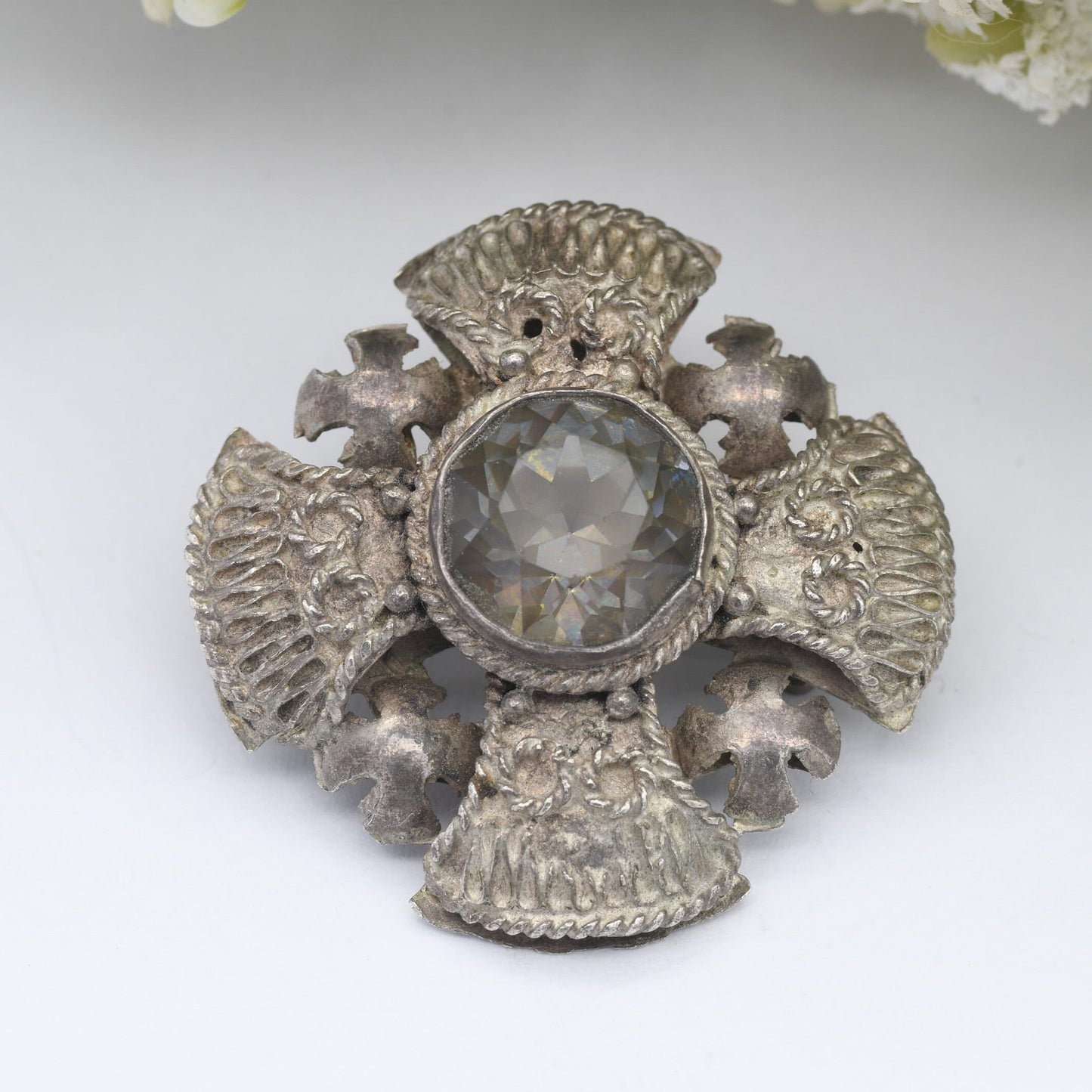 Vintage Jerusalem Cross Silver Brooch with Large Central Stone - Textured Boule Brooch | Square Crusader Cross