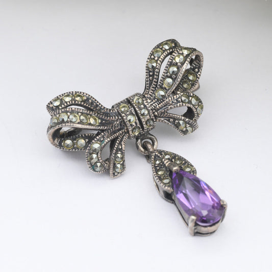 Vintage Sterling Silver Amethyst Marcasite Bow Brooch with Pendant Drop - Art Deco Style | Cute Bow Jewellery