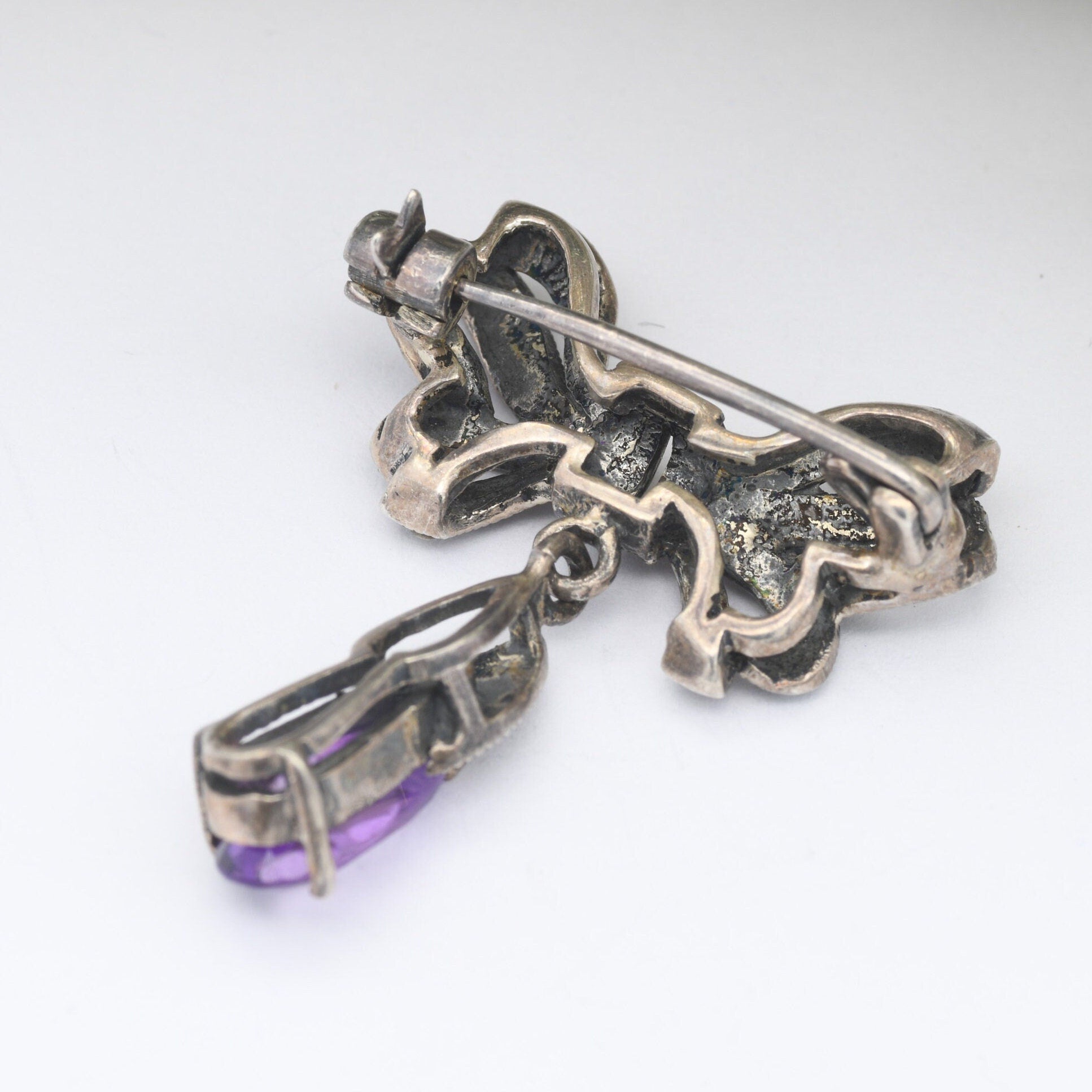 Vintage Sterling Silver Amethyst Marcasite Bow Brooch with Pendant Drop - Art Deco Style | Cute Bow Jewellery