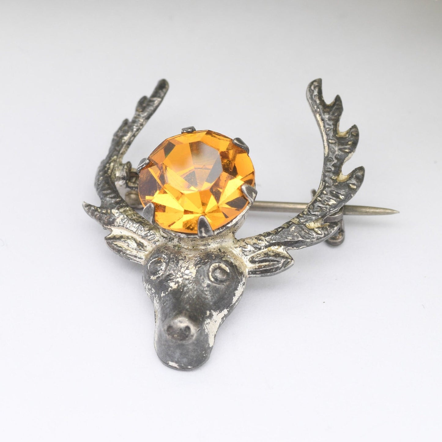 Vintage Ward Brothers Sterling Silver Stag Brooch - Collectable WBs Scottish Silver | Deer with Antlers | Large Orange Paste Stone