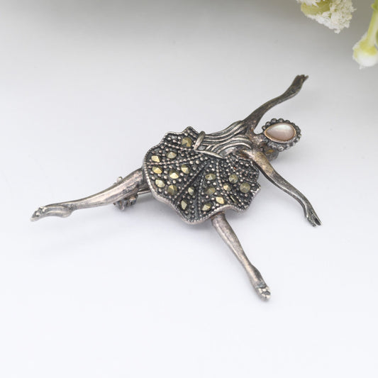 Vintage Sterling Silver Marcasite Ballerina Brooch with Mother of Pearl Face - Gift for Dancer | Sparkly Statement Brooch