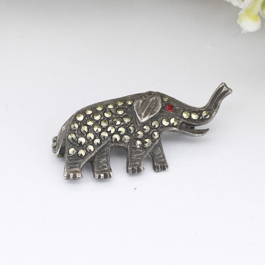 Vintage Sterling Silver Marcasite Elephant Brooch with Red Eye - Animal Nature Lover | Gift for Friend | Sparkly Statement Brooch