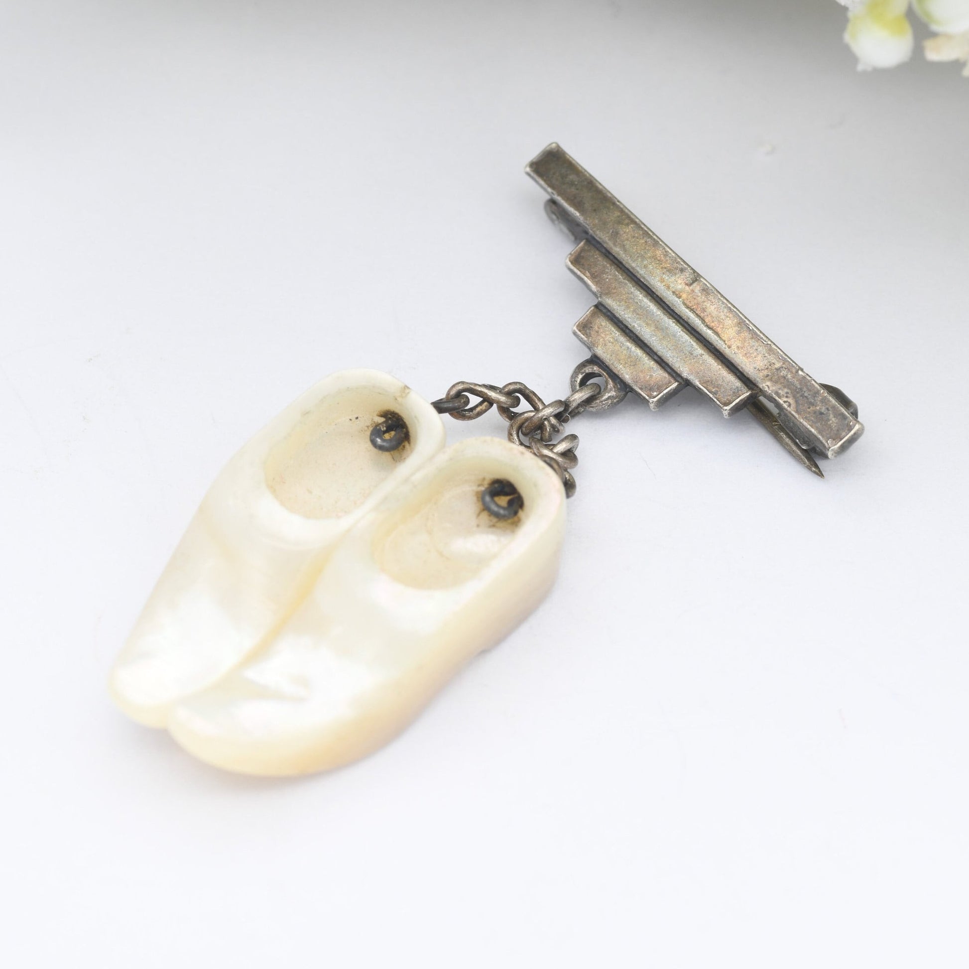 Vintage Mother of Pearl Shoe Brooch with Hanging Clogs - Art Deco Style Bar Brooch with Pendant Drop