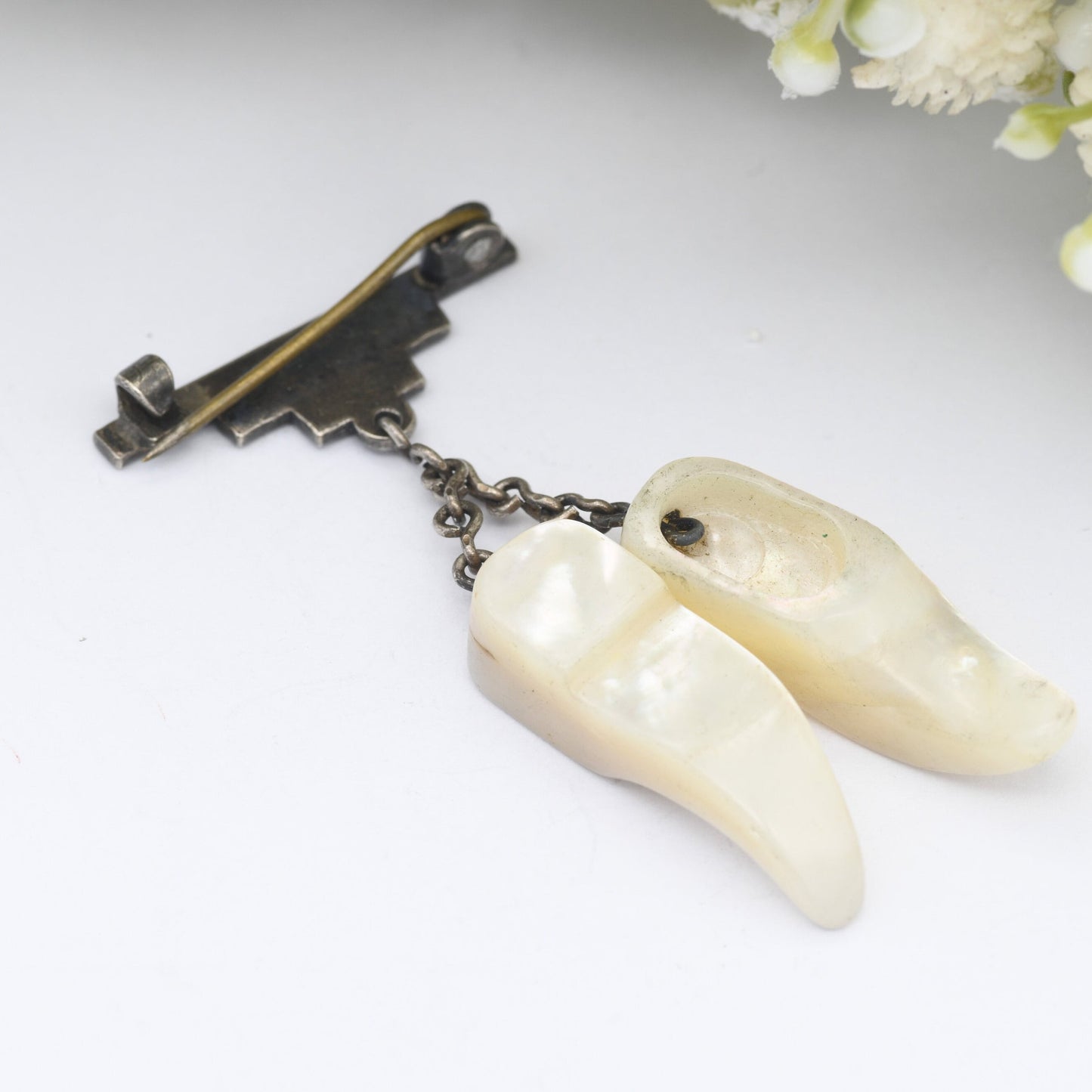 Vintage Mother of Pearl Shoe Brooch with Hanging Clogs - Art Deco Style Bar Brooch with Pendant Drop