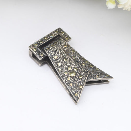 Vintage Art Deco European Silver Marcasite Dress Clip - Sparkly Statement Jewellery | Scarf Shape