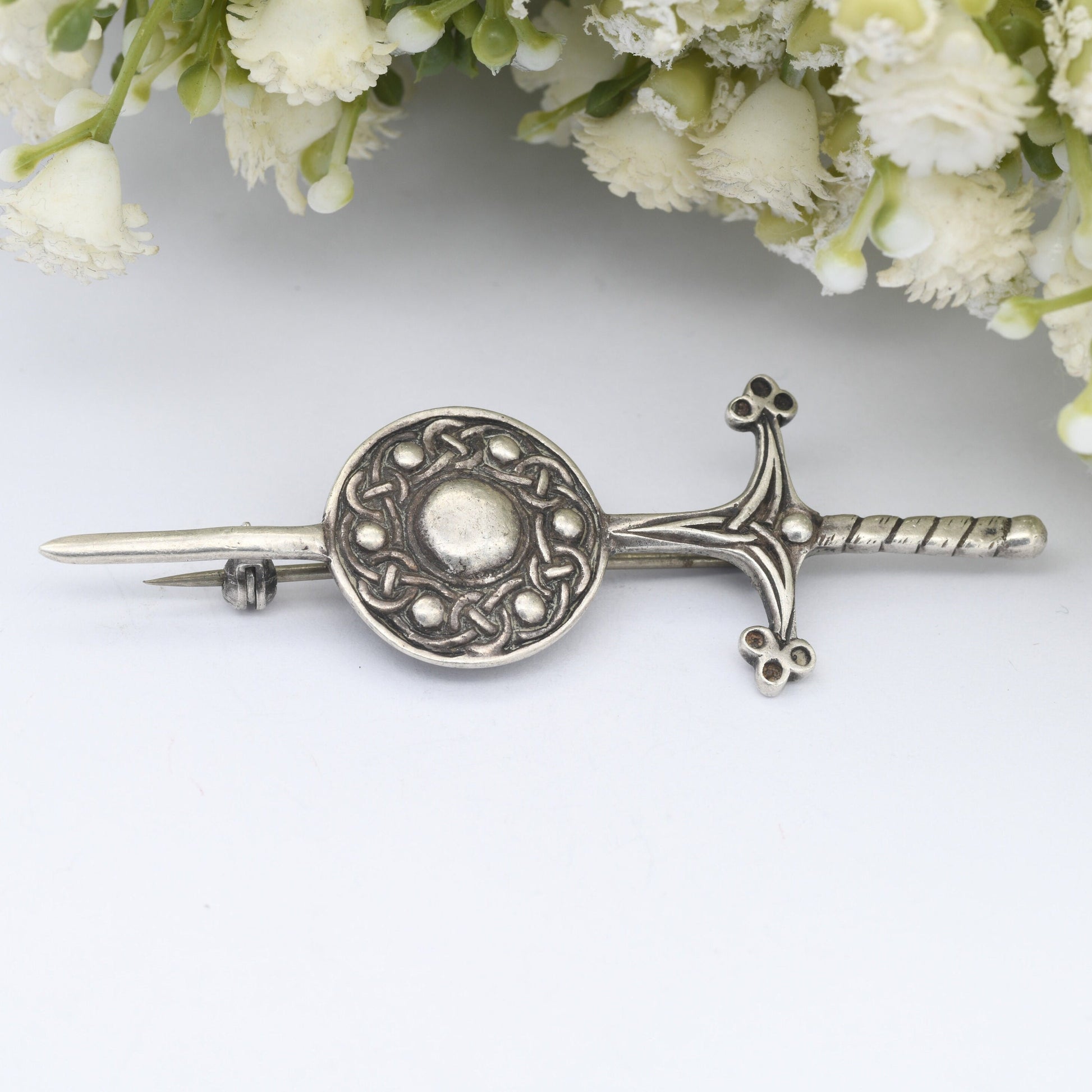 Vintage Iona Scottish Silver Sword & Shield Brooch | Kilt Pin 1959 by John Hart HJ JH - Collectable Scotland Jewellery