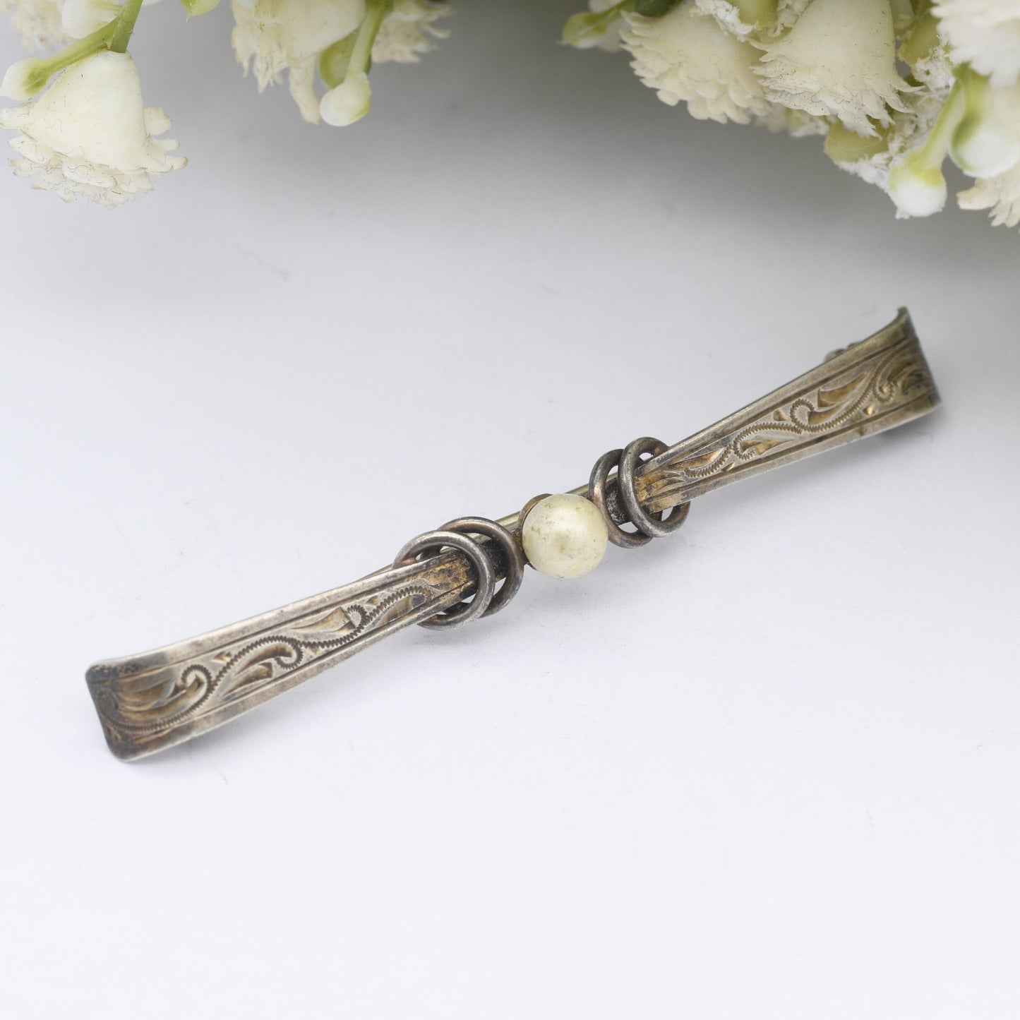 Vintage 835 Silver Faux Pearl Bar Brooch - Handarbeit | Hand Crafted | European German Silver | Engraved Scrolling Pattern