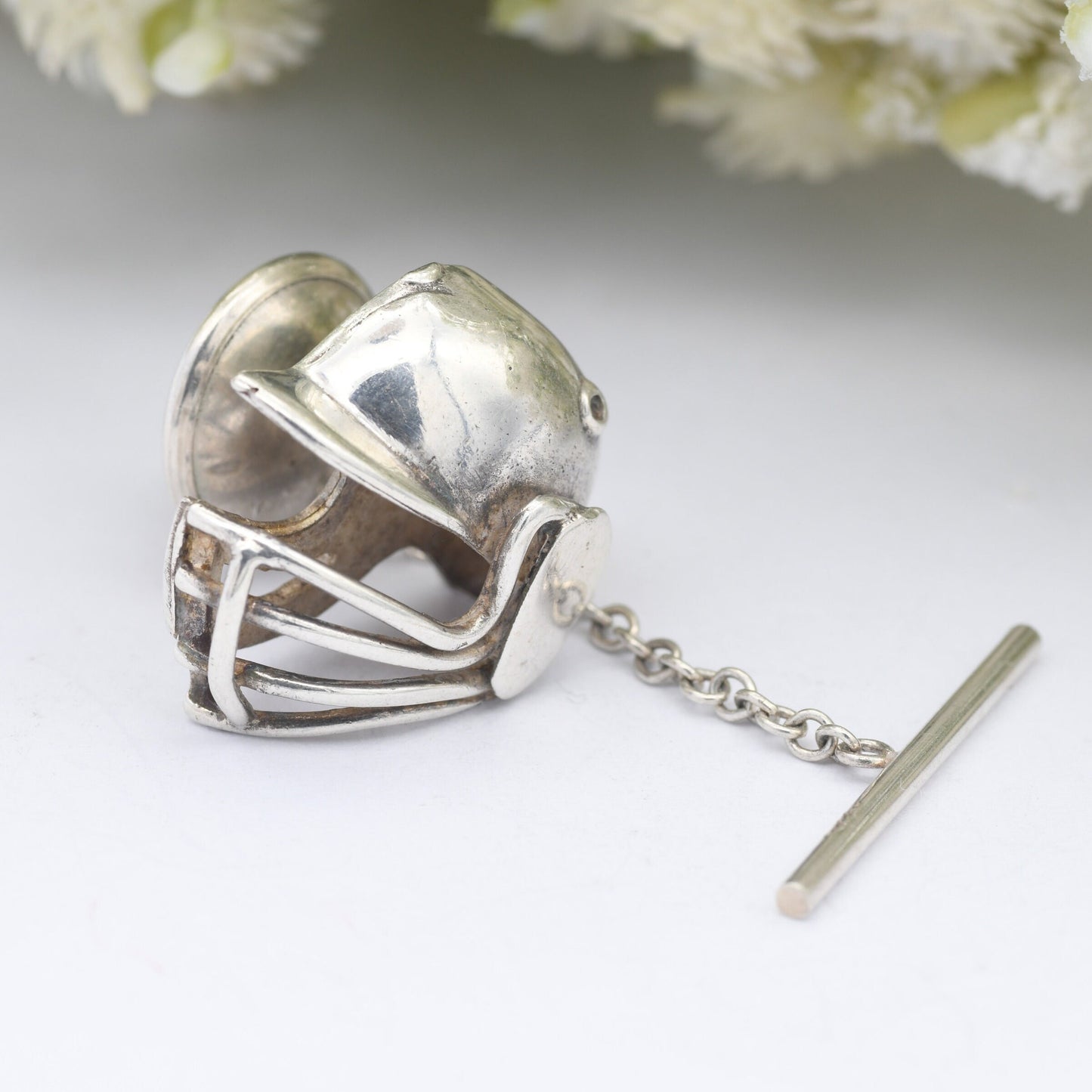 Sterling Silver Baseball Helmet Brooch Pin with Jaw Guard - Novelty Sporting Athletic Gift | 3D