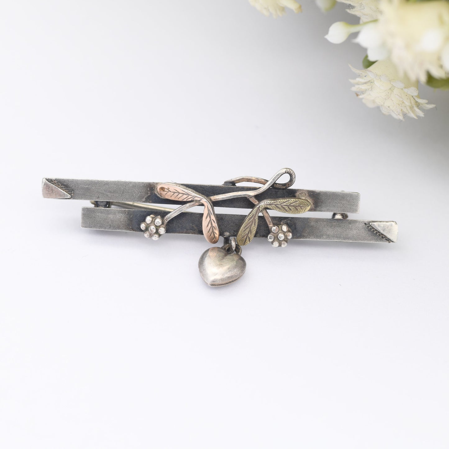 Antique Edwardian Bar Brooch 1902 - Floral Leaves and Heart Pendant Drop | Yellow and Rose Gold Front