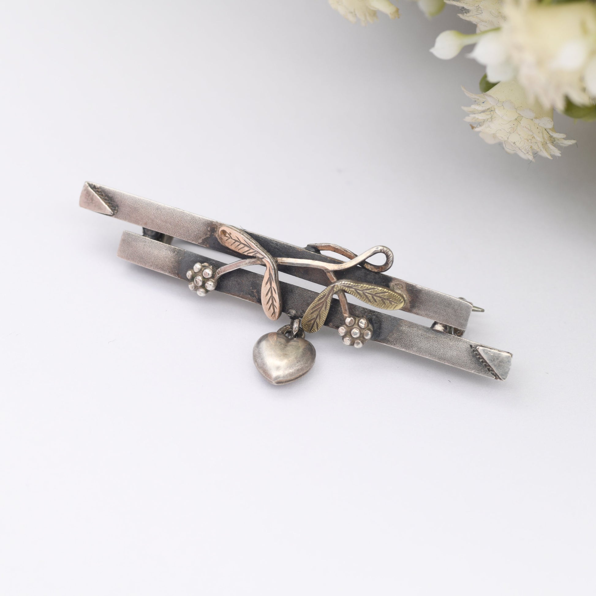 Antique Edwardian Bar Brooch 1902 - Floral Leaves and Heart Pendant Drop | Yellow and Rose Gold Front