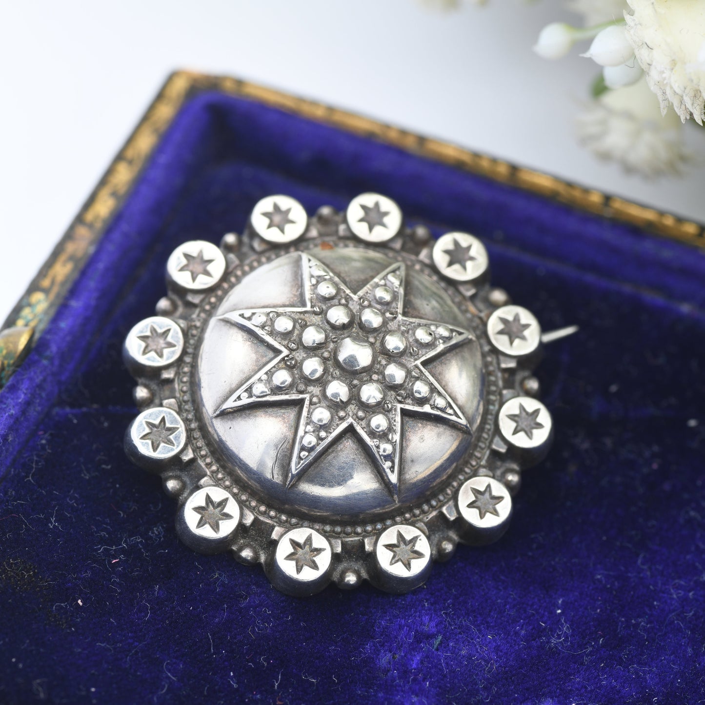 Antique Victorian Sterling Silver Star Brooch - c.19th Century | Textured Boule Brooch