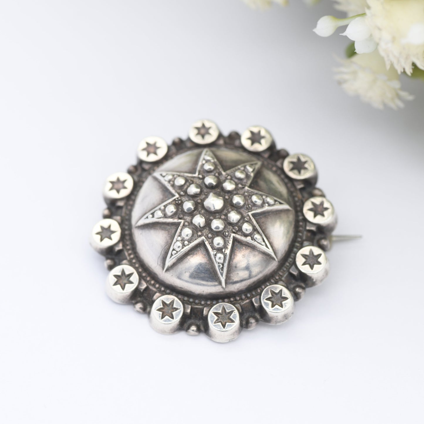 Antique Victorian Sterling Silver Star Brooch - c.19th Century | Textured Boule Brooch