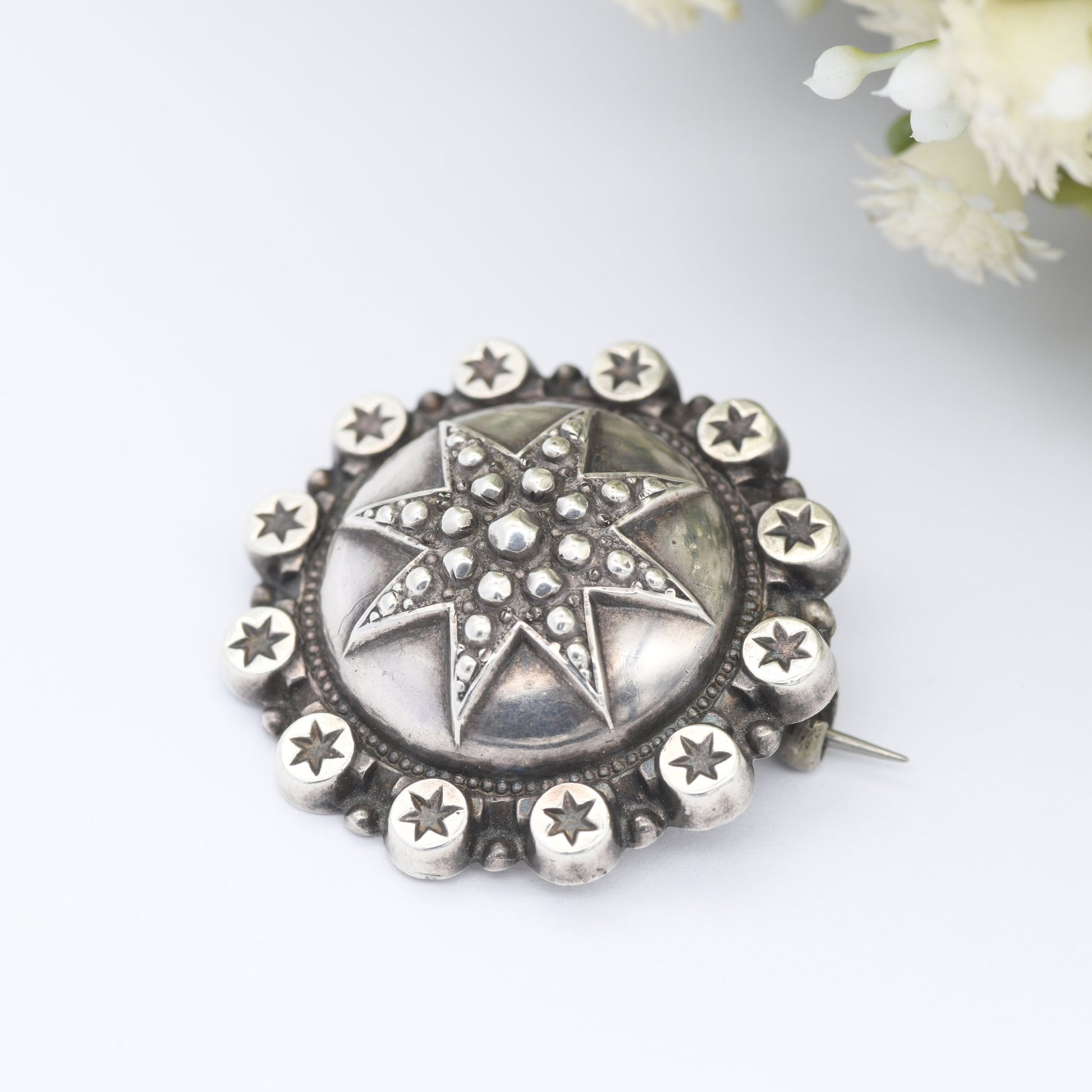 Antique Victorian Sterling Silver Star Brooch - c.19th Century | Textured Boule Brooch