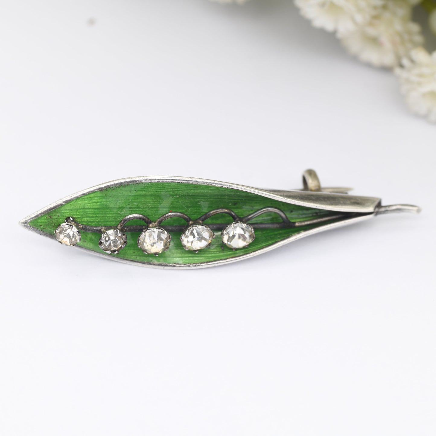 Antique Silver Lily of the Valley Brooch 1919 by Arthur Johnson Smith AJS - Green Enamel and Sparkly Clear Paste