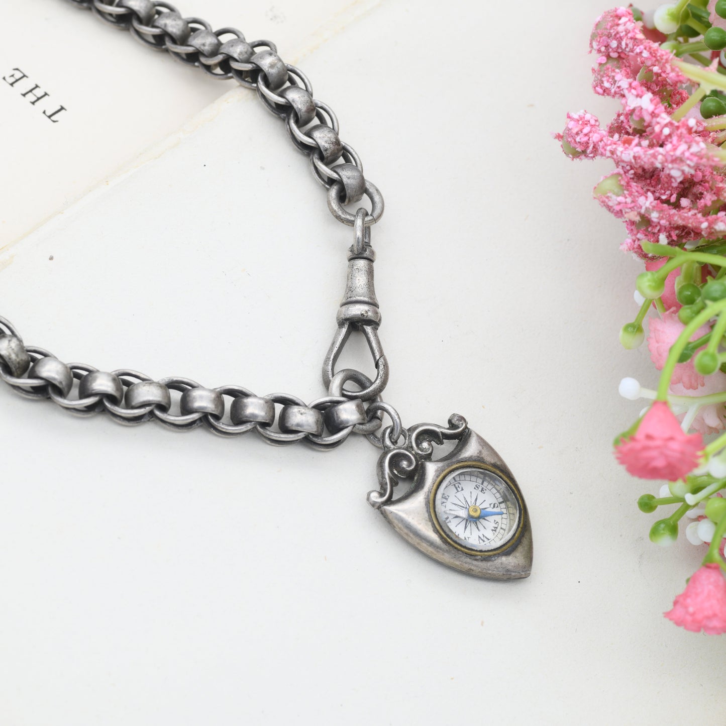 Antique Watch Chain Choker Necklace with Shield Compass Fob Pendant - Victorian 1901 | Dog Clip | Sterling Silver Pocket Watch Chain