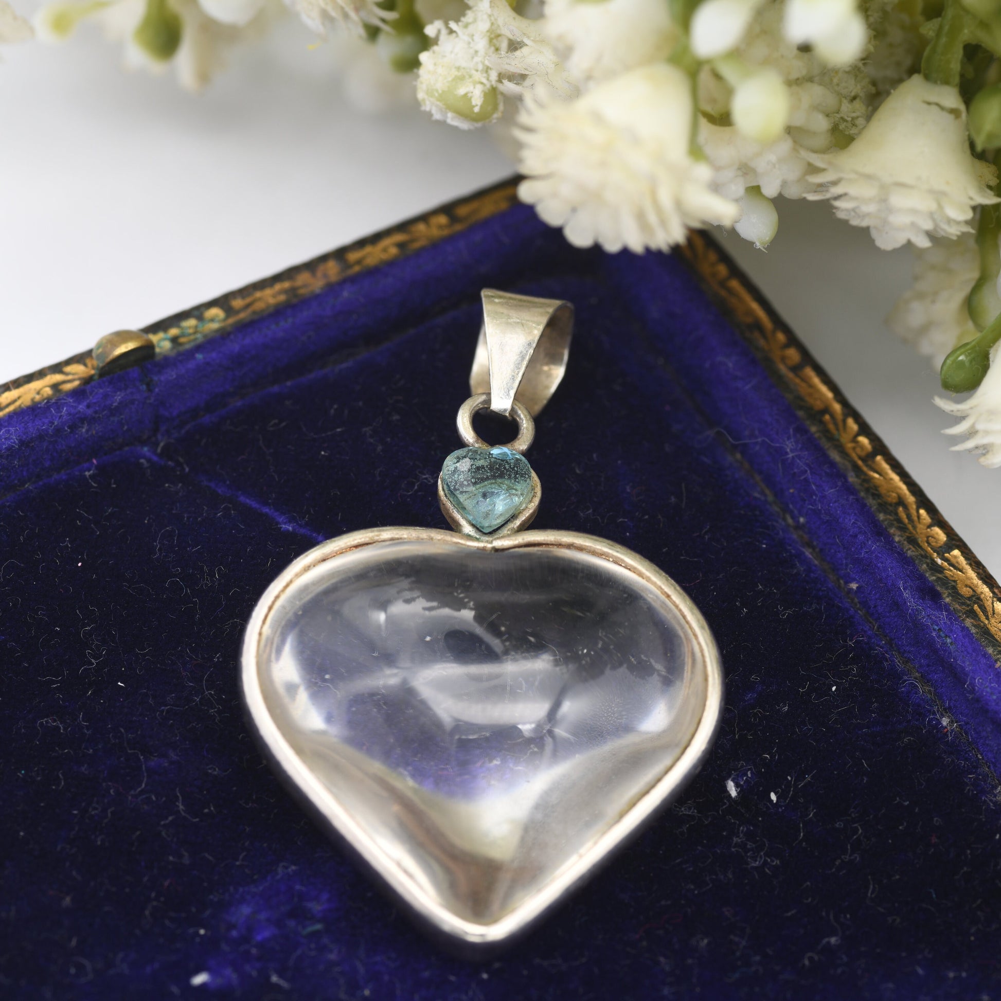 Vintage Sterling Silver Mounted Rock Crystal Heart Pendant with Smaller Blue Gemstone Heart