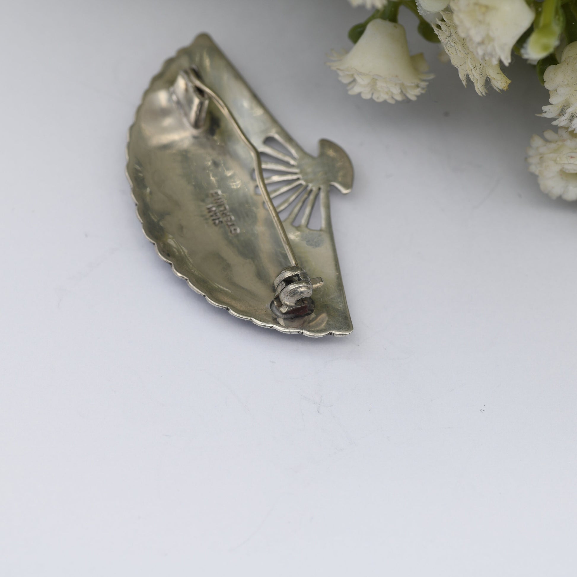 Vintage Sterling Silver Siam Fan Brooch - Mekala Goddess of Lightning | Black Niello | Goddess Vintage Thailand Silver