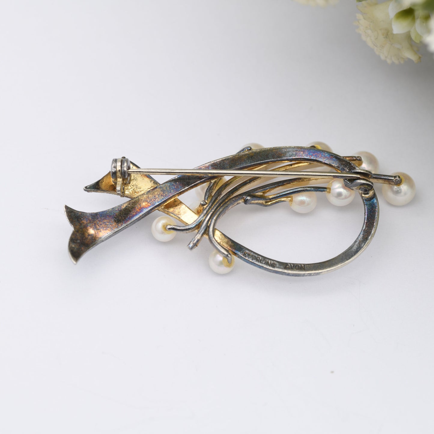 Vintage Sterling Silver Avon Brooch with Faux Pearl - Gold Plated | Mid-Century | Engraved