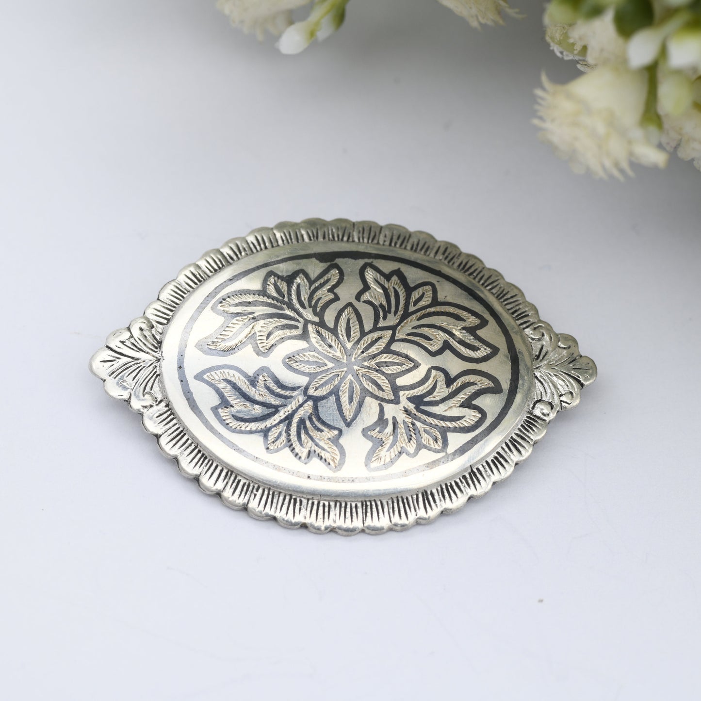 Vintage Sterling Silver Niello Brooch - Engraved Floral Scrolling | Ornate | Antique Style