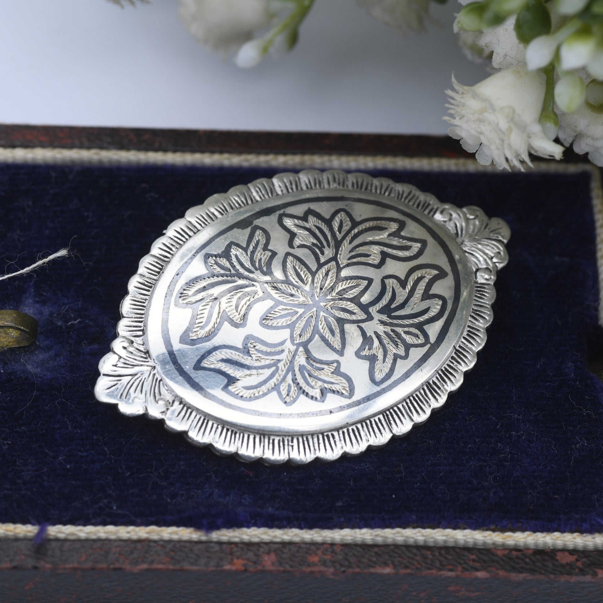 Vintage Sterling Silver Niello Brooch - Engraved Floral Scrolling | Ornate | Antique Style